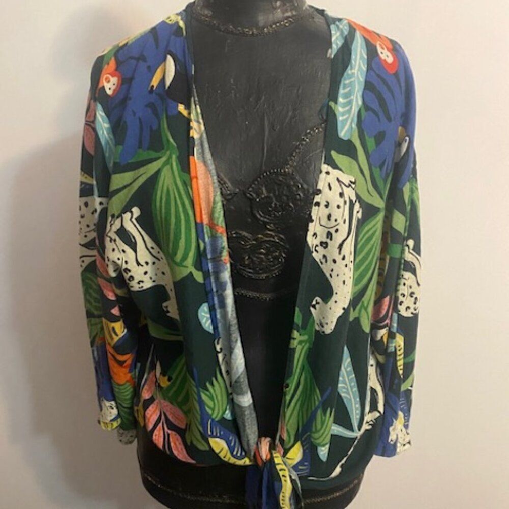 Christian Siriano Linen Blend Tropical Jungle print tie front cardigan, size OS